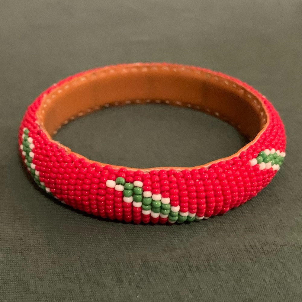 Vintage South western hand beaded red green white bangle bracelet